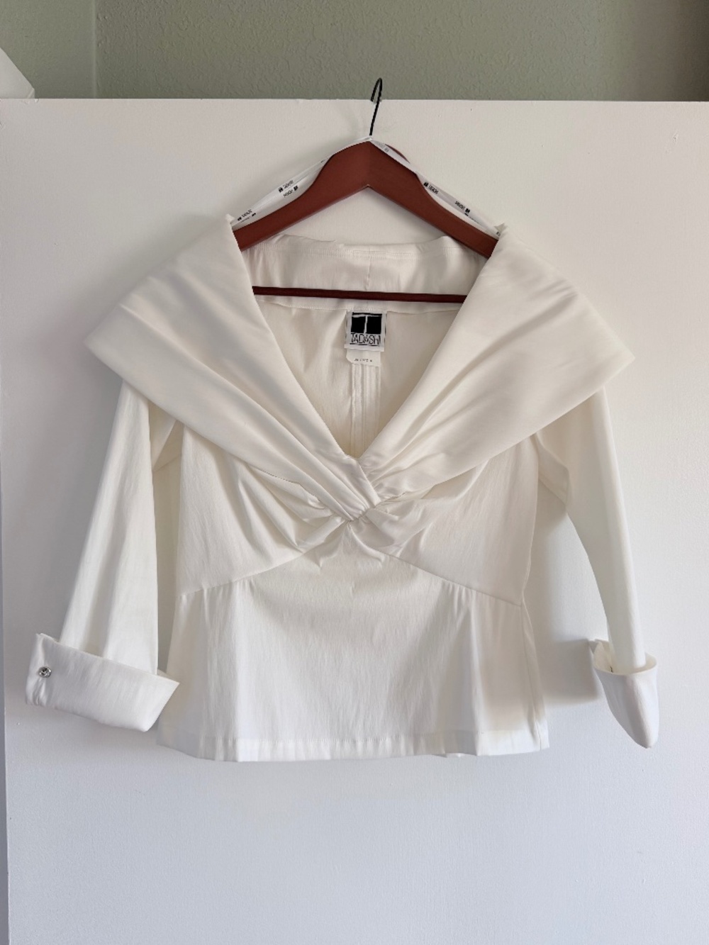 Vintage Tadashi Ivory Twist Front Peplum Blouse Portrait Collar Crystal Cuffs 4